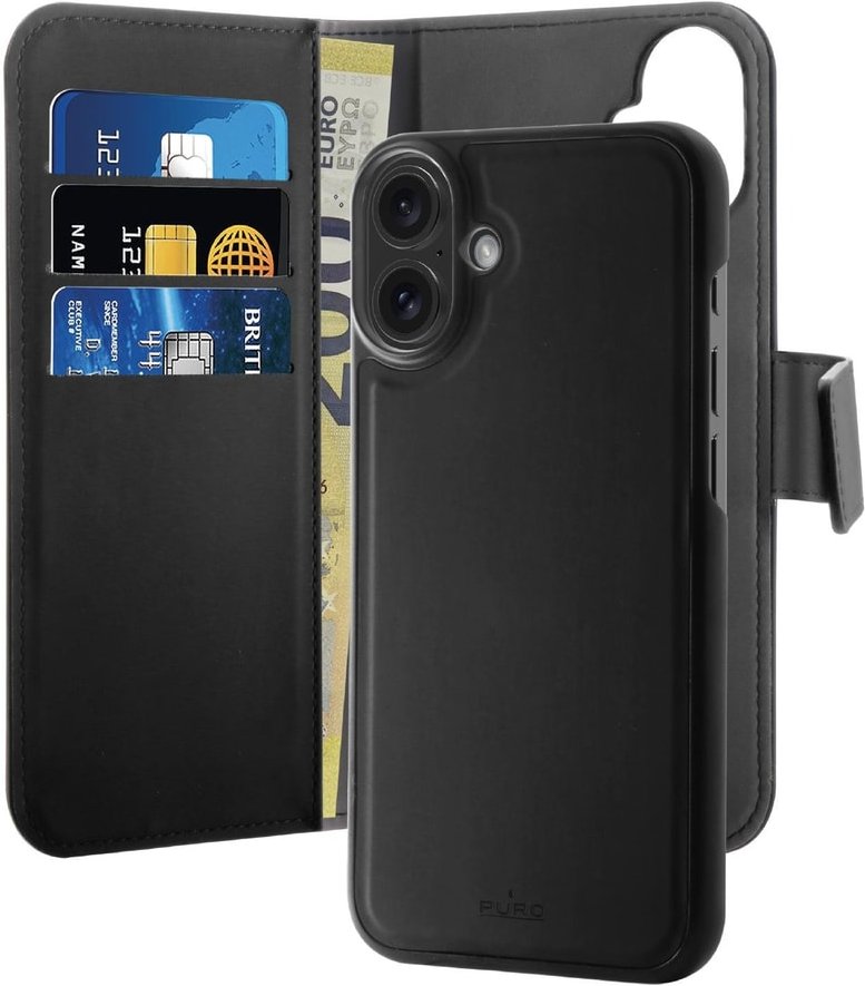 Detachable Wallet Case 2 in 1 for iPhone 16, Schwarz