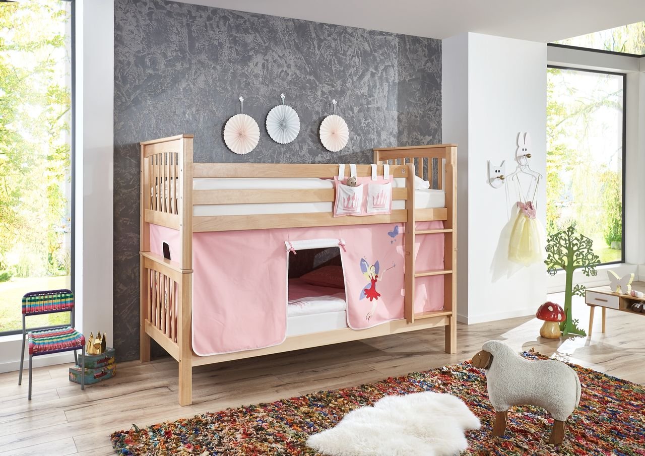 Etagenbett Kick Buche massiv natur lackiert mit Textilset aus Vorhang und Tasche - Princess