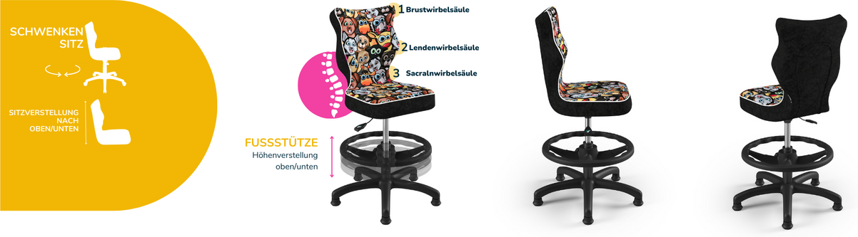 Ergonomischer Schreibtischstuhl Kinder an die Körpergröße 133-159 cm cm Schwarz Tiermotiv Petit