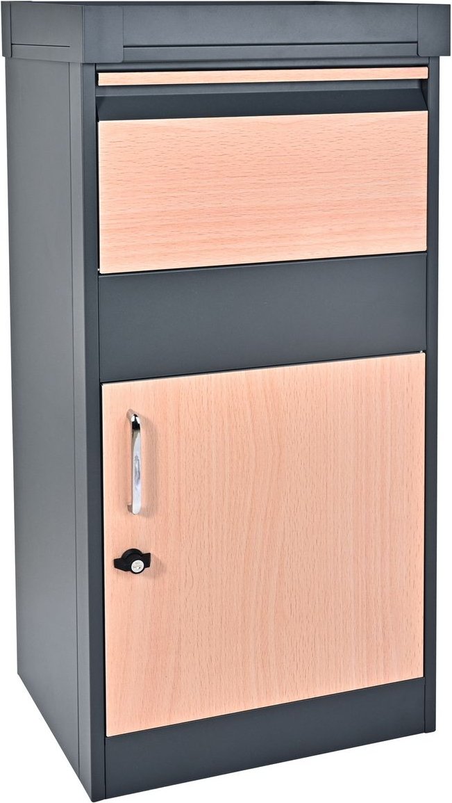 Paketbox mit Pflanzenkasten, ca. 50 x 37 x 105 cm – Anthrazit mit Holzfarben-Akzenten