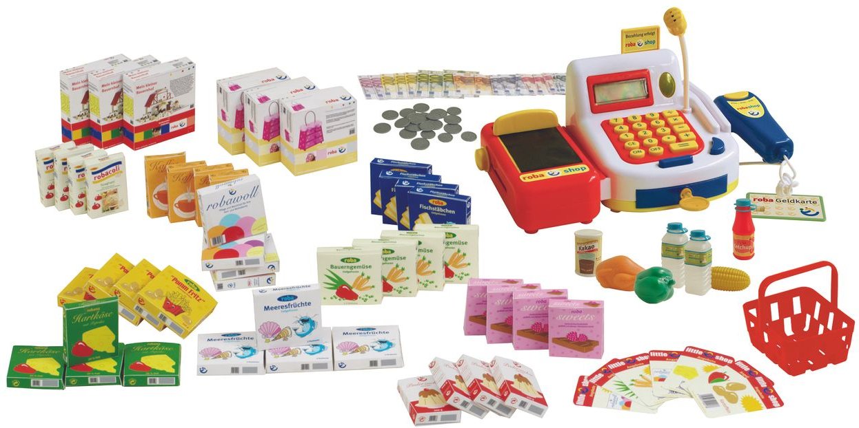 Kaufladenzubehör, Kasse, Spielgeld, Einkaufskorb, Lebensmittel Set & Angebotsschilder