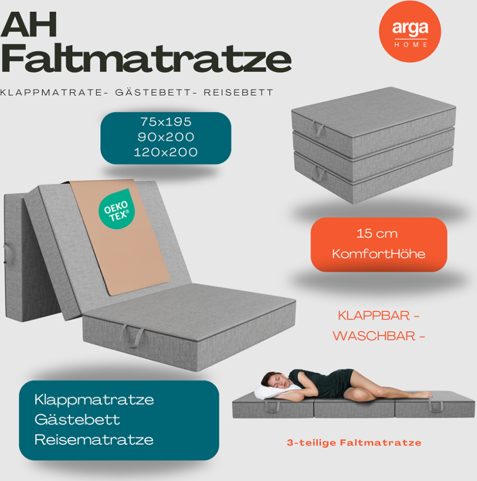 AH-Falt Klappmatratzen H3 15 cm– 3-teilige Faltmatratze, Gästematratze