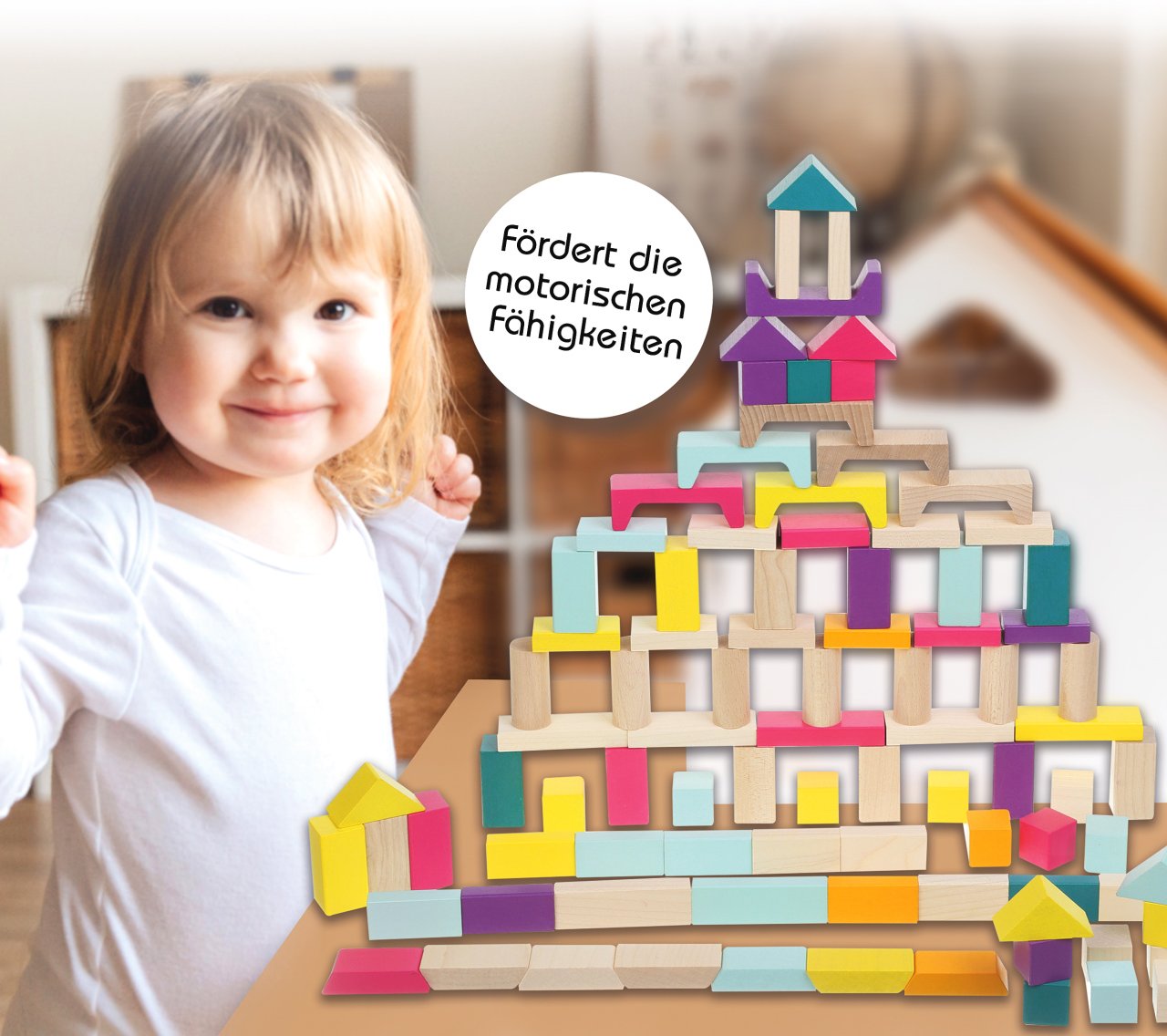 Thumbnail - JAMARA-460702-Holzspielzeug Kidiwood Holzbausteine bunte Mischung 100tlg.