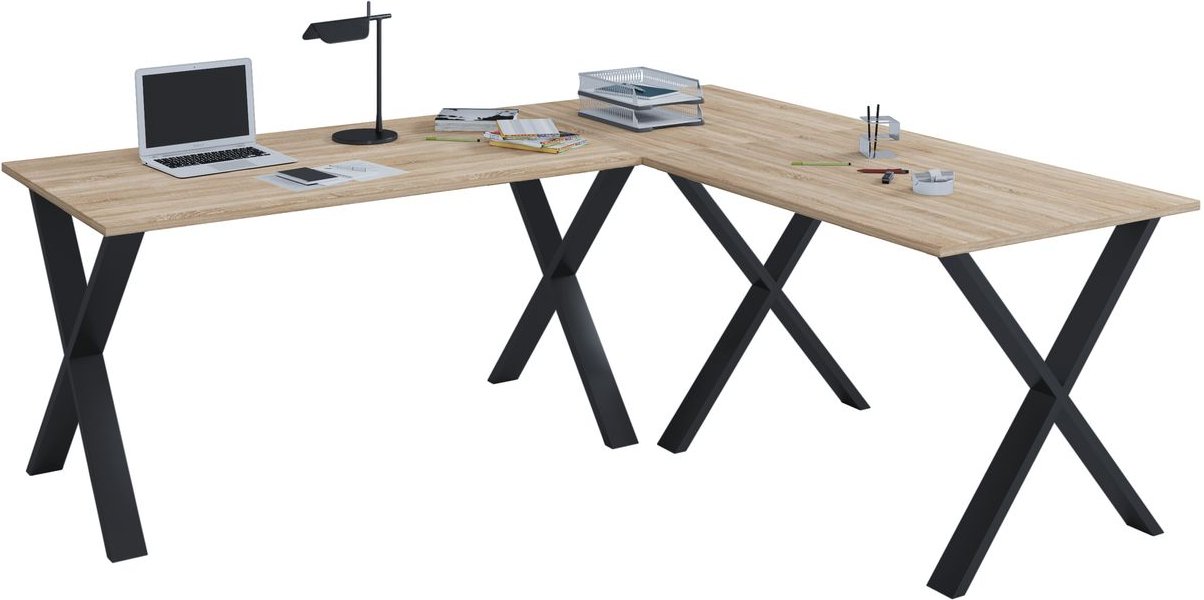 Eck-Schreibtisch "Lona" 220x160x80 X-Füße Sonoma-Eiche/Schwarz