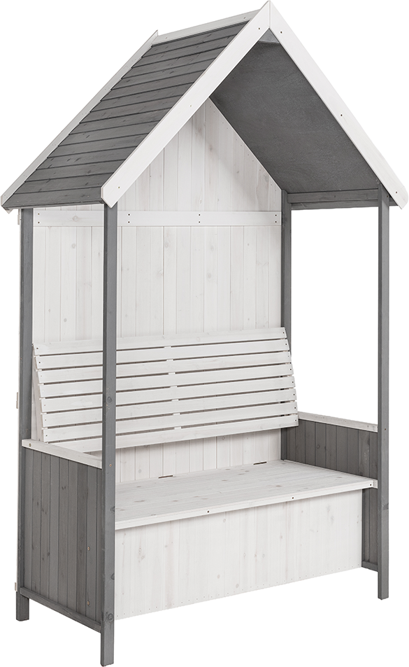 Laubenbank mit Holzdach und Sitzbank