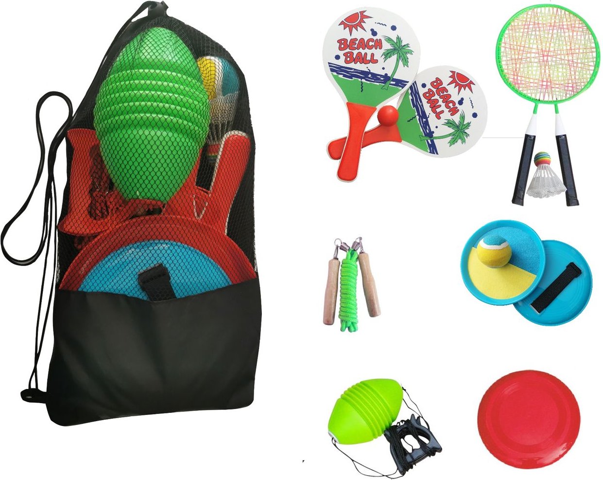 Garten & Strandspiele Set Beachball Klettball Frisbee Mini-Badminton Boing Ball
