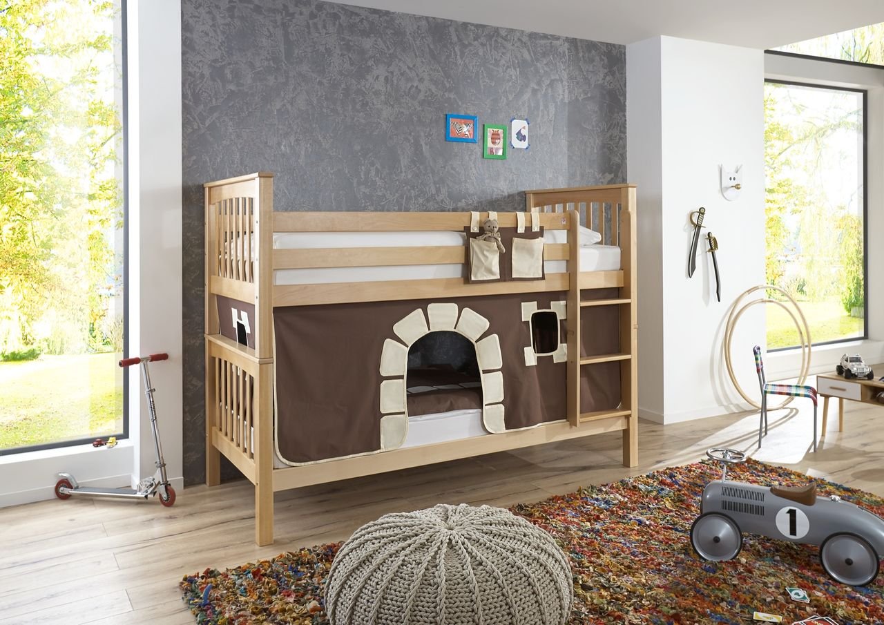 Etagenbett Kick Buche massiv natur lackiert mit Textilset best. aus Vorhang und Tasche, Farbe Burg