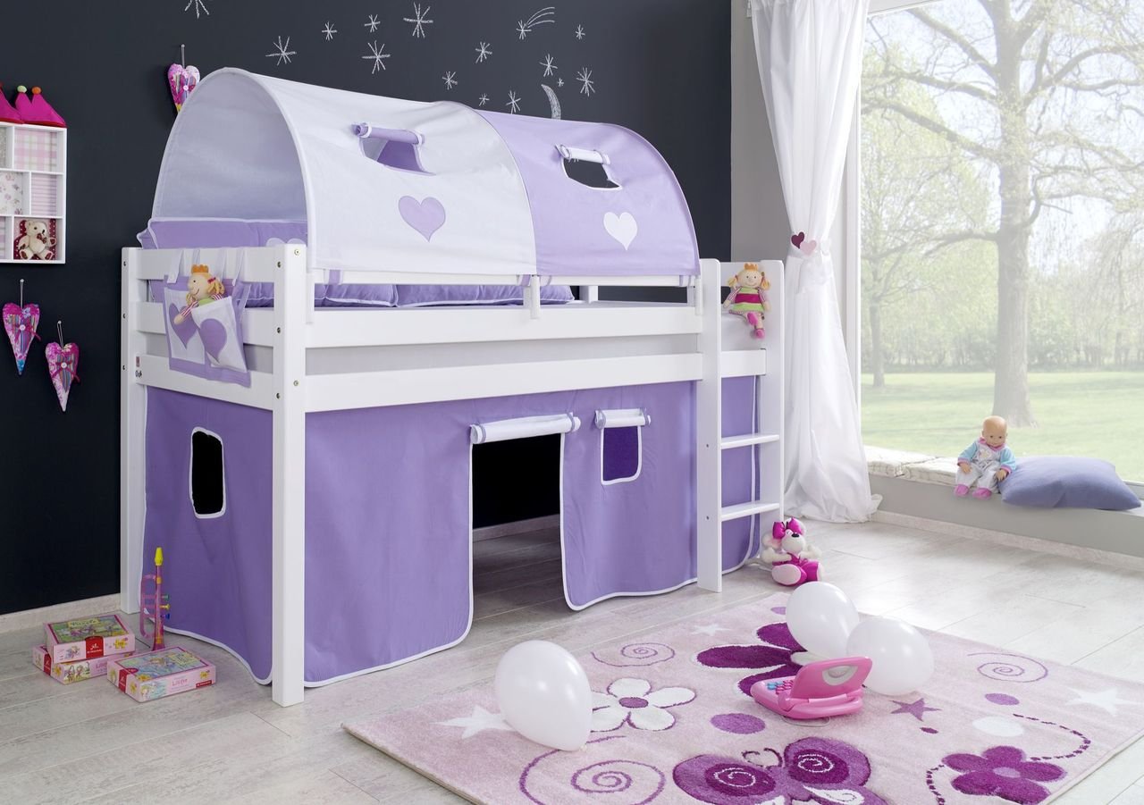 Thumbnail - Halbhohes Spielbett ALEX Buche massiv weiß lackiert mit Stoffset purple/weiß/herz