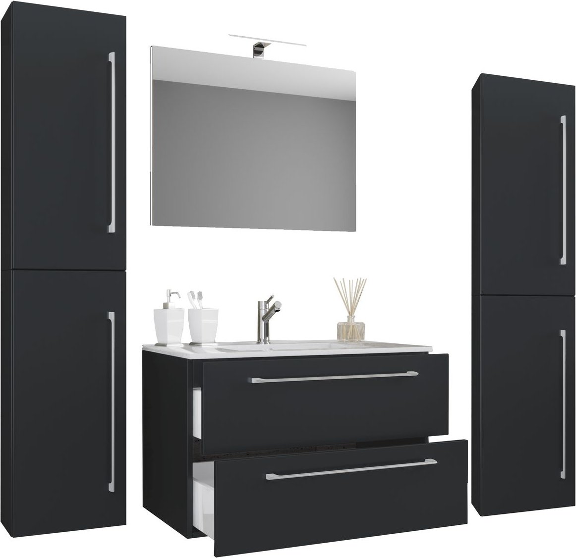 5-tlg. Waschplatz "Badinos 2 Schubfächer" 80 cm | Mit Spiegel + Hochschränke Schwarz
