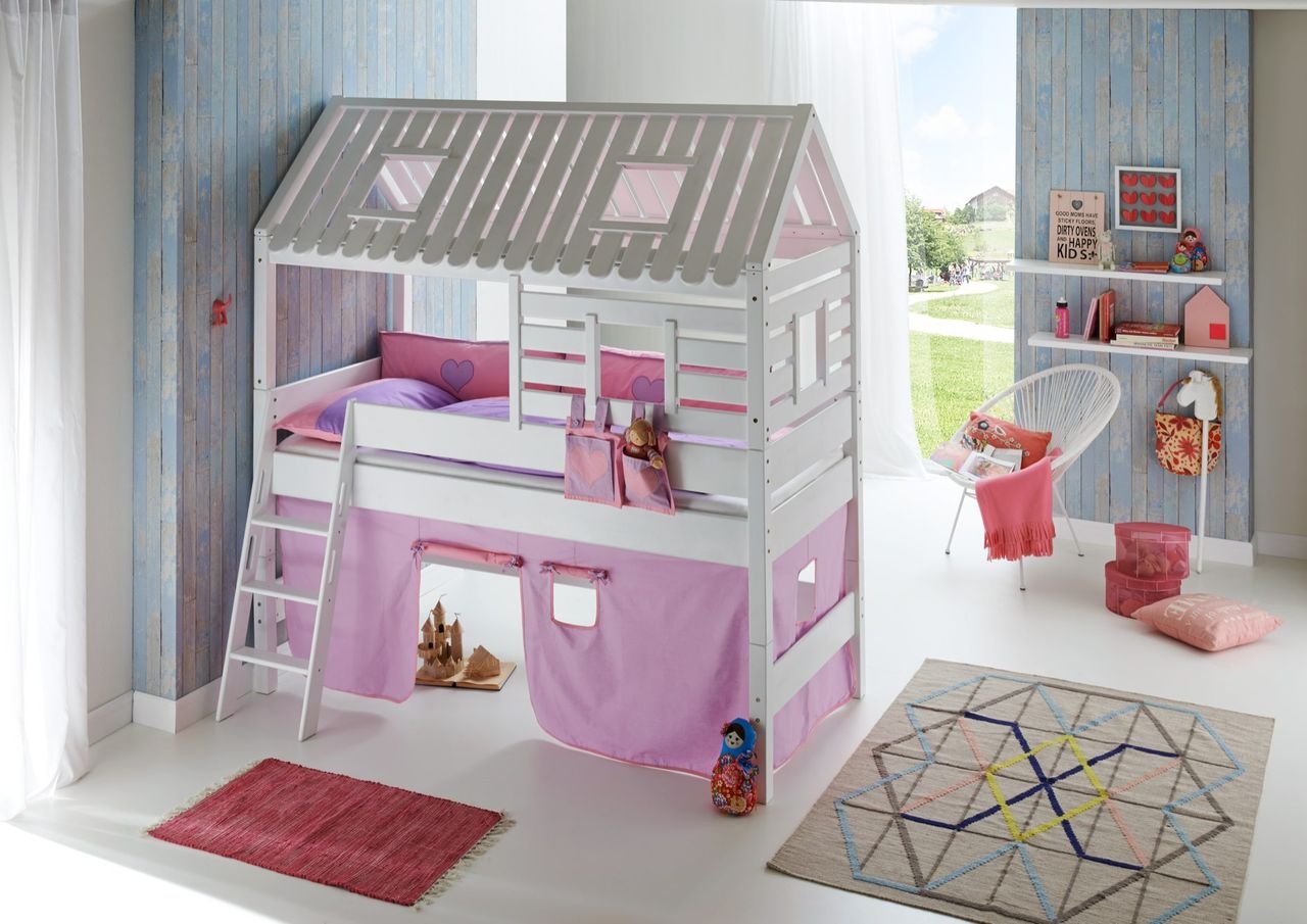 Spielbett Tom´s Hütte und Bett Kim Buche massiv weiß lackiert. Textilset purple/rosa/herz