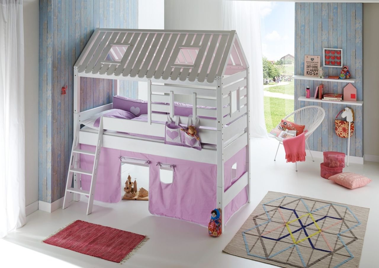 Spielbett Tom´s Hütte und Bett Kim Buche massiv weiß lackiert. Textilset purple/weiß/herz