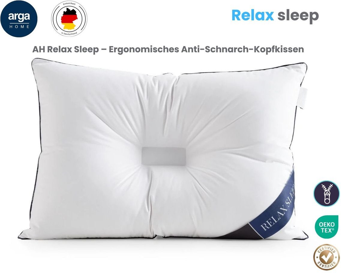 AH Relax Sleep – Ergonomisches Anti- Schnarch- Kopfkissen 50 x 70 cm mit Baumwollbezug & atmungsaktiver Faserfüllung