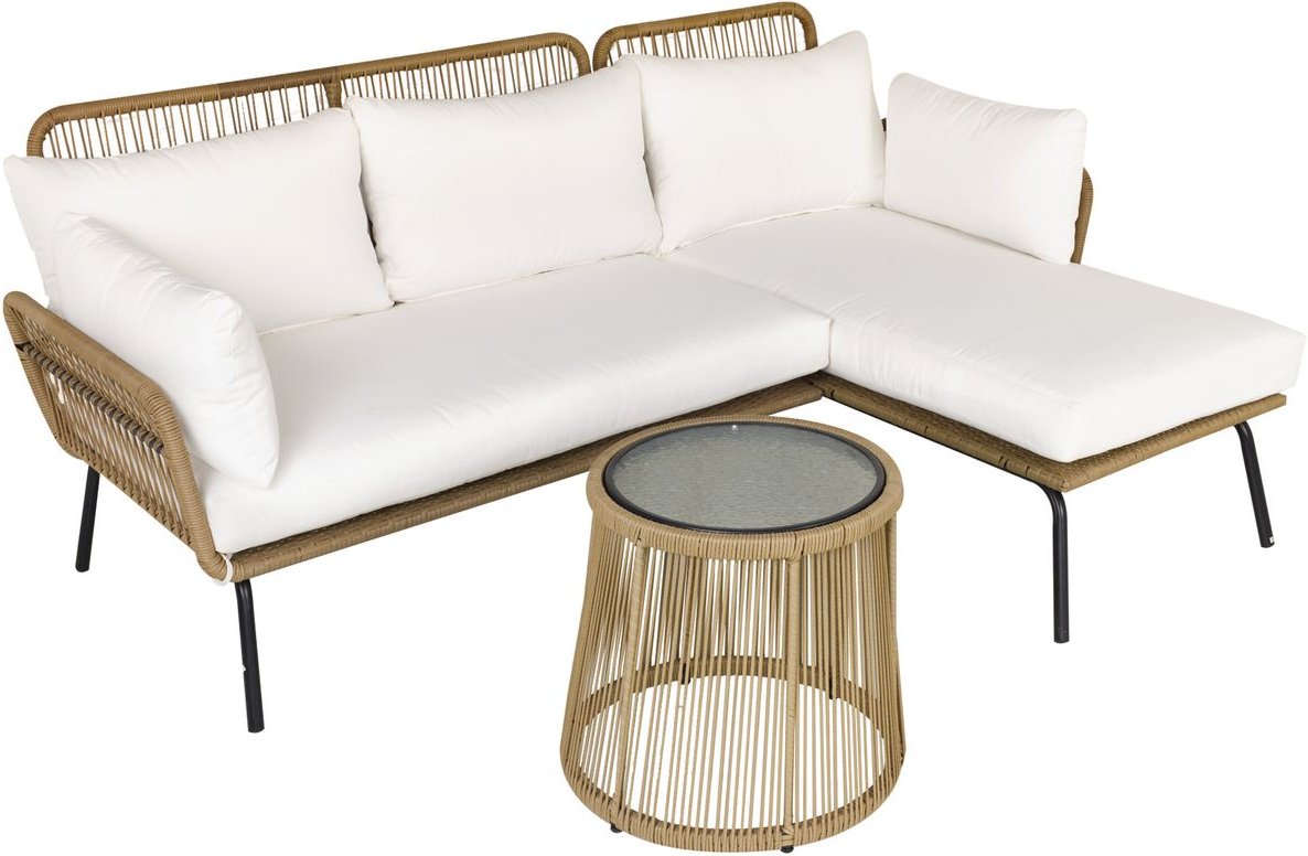 Thumbnail - 3 tlg. Rattan Gartenmöbel-Set, Sitzgruppe mit Kissen, Sitzgarnitur Stahl Kaffee