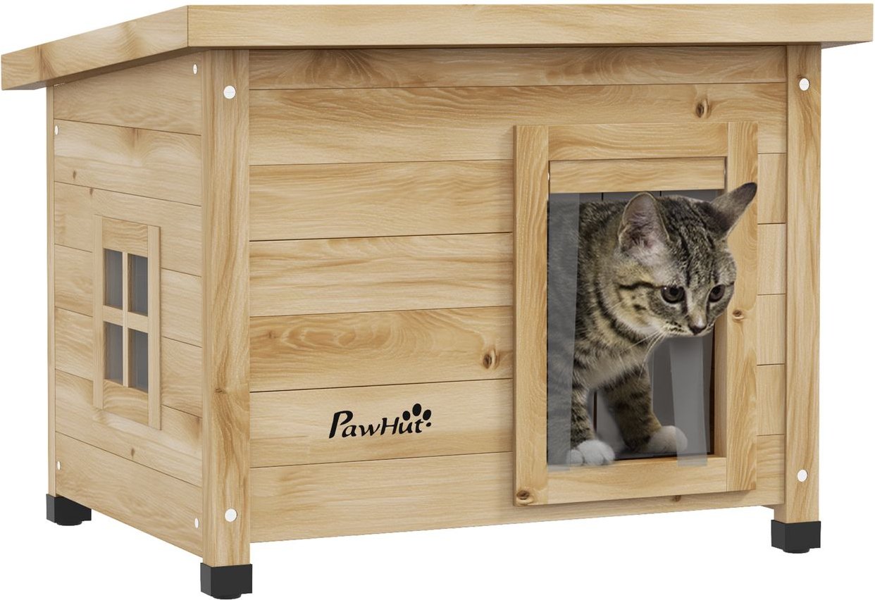 Katzenhaus aus Holz, Katzenhütte Outdoor, Katzenhöhle mit Türvorhang Gelb