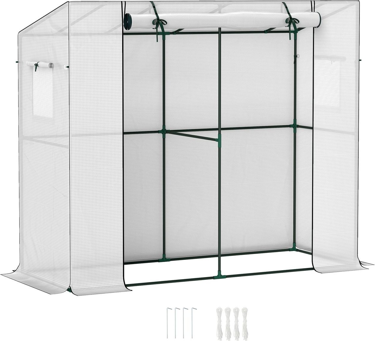 Gewächshaus mit Rolltür, winterfest Foliengewächshaus aus Stahl, Treibhaus Weiß