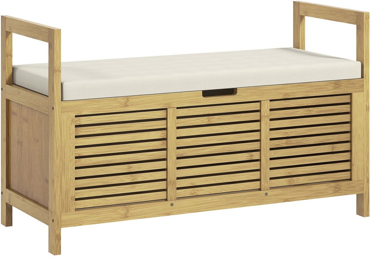 Schuhbank, Sitzbank mit Klappdeckel, Garderobenbank für Diele, Bambus