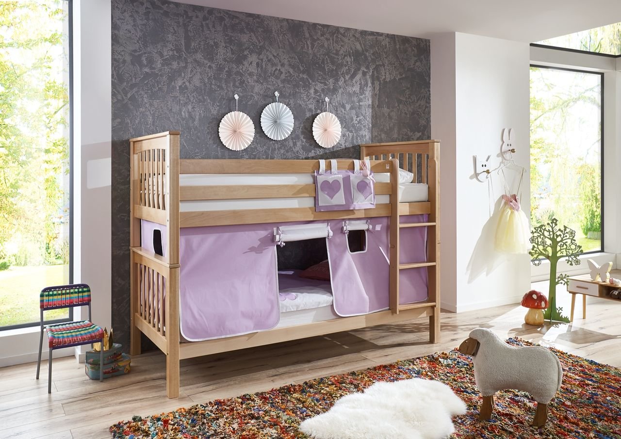 Etagenbett Kick Buche massiv natur lackiert mit Texset aus Vorhang und Tasche, - purple/weiß/herz