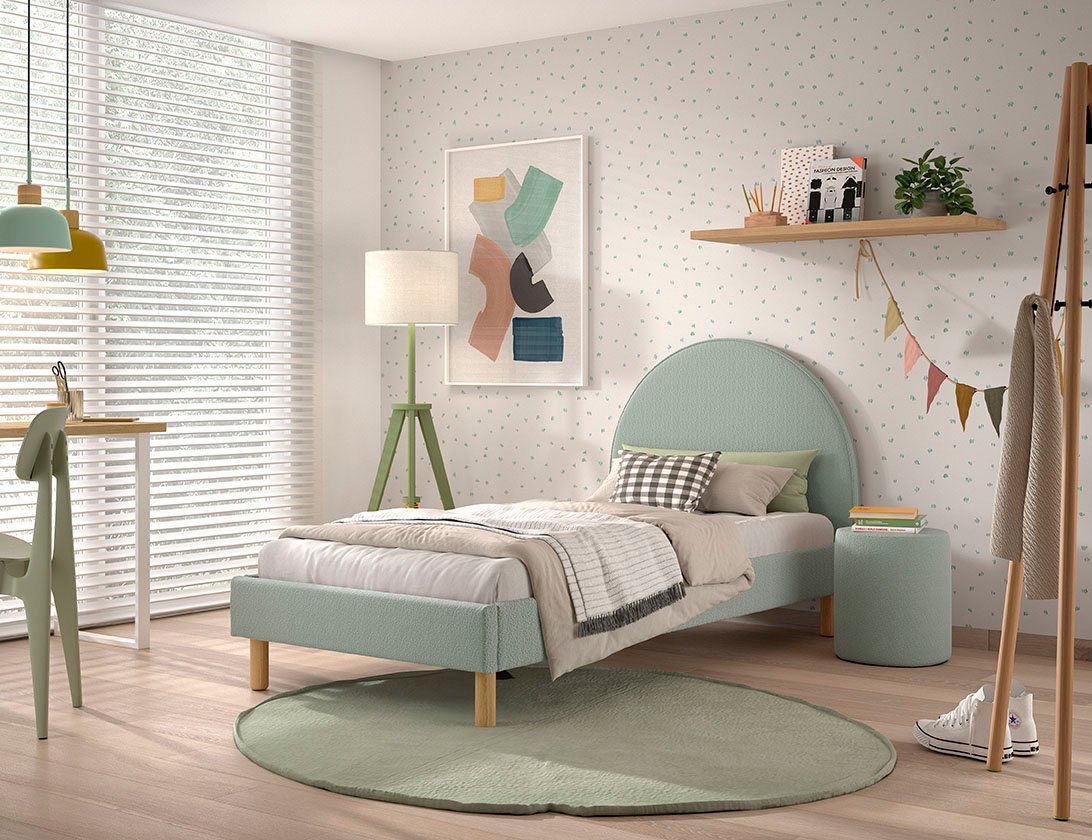 Polsterbett Set MOON 90x200 cm, inkl Lattenrost 1, Nachttisch, Boucle Stoff in Grün