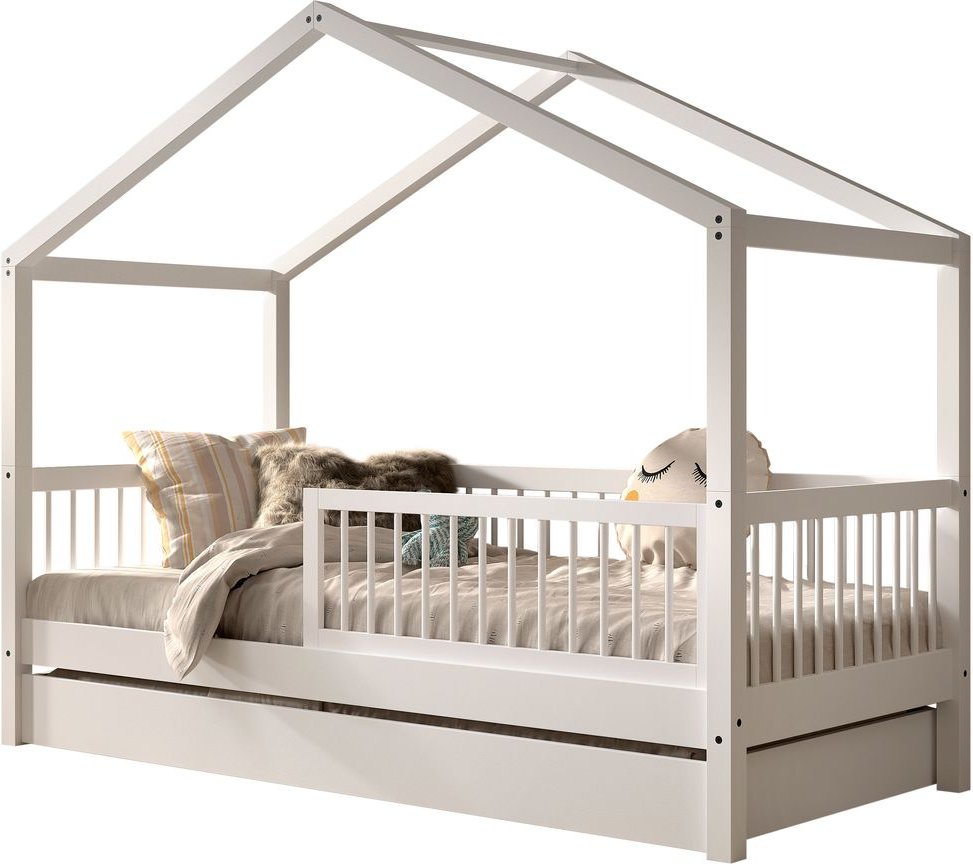 VIPACK - FAGUS weiß Hausbett 90x200cm, Lattenrost, Rausfallschutz, Bettschublade, Buche massiv