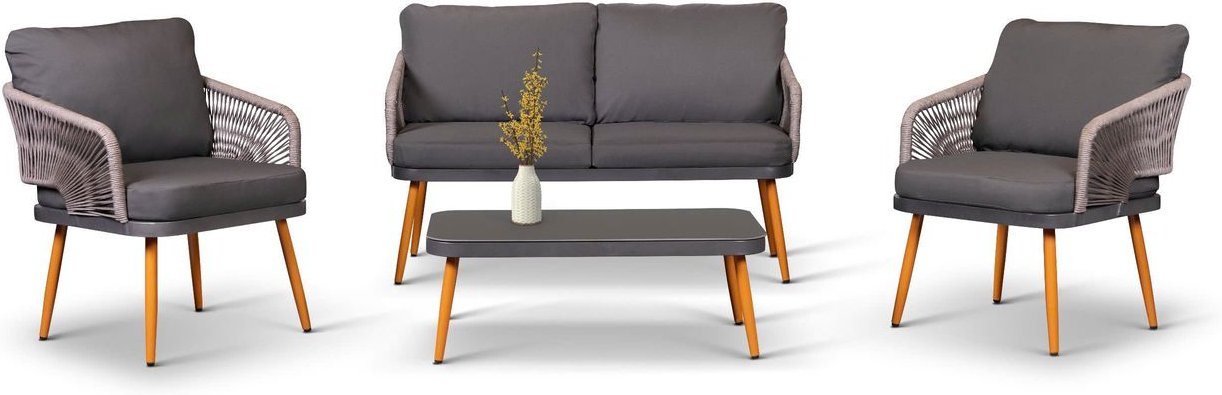 Loungemöbel-Set ATHEN 4tlg. in Seilgeflecht-Optik, inkl. Polsterauflagen Anthrazit / Hellgrau -Beige