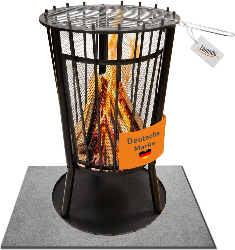 Feuerkorb mit Grillgitter und Funkenschutz, Robuste Feuerschale 65cm hoch