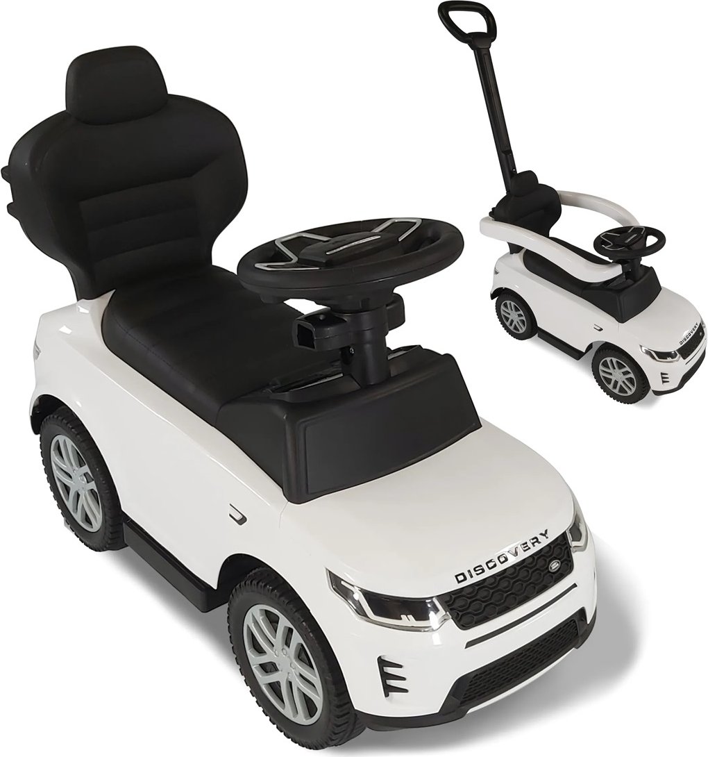 Rutschauto Land Rover weiß mit Schiebestange, Kinderfahrzeug mit Soundlenkrad
