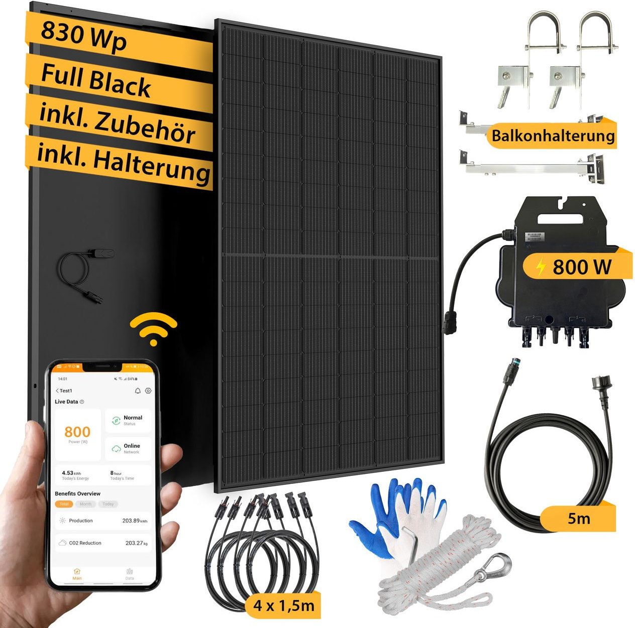 Thumbnail - VALE Balkonkraftwerk 800 Watt Full Black - mit Halterung, 5m AC-Kabel & Zubehör