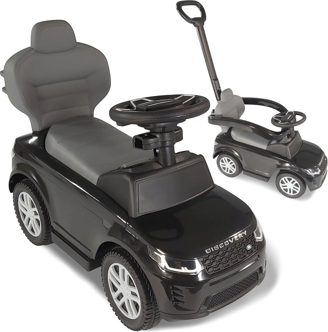 Rutschauto Land Rover schwarz mit Schiebestange, Kinderfahrzeug mit Soundlenkrad
