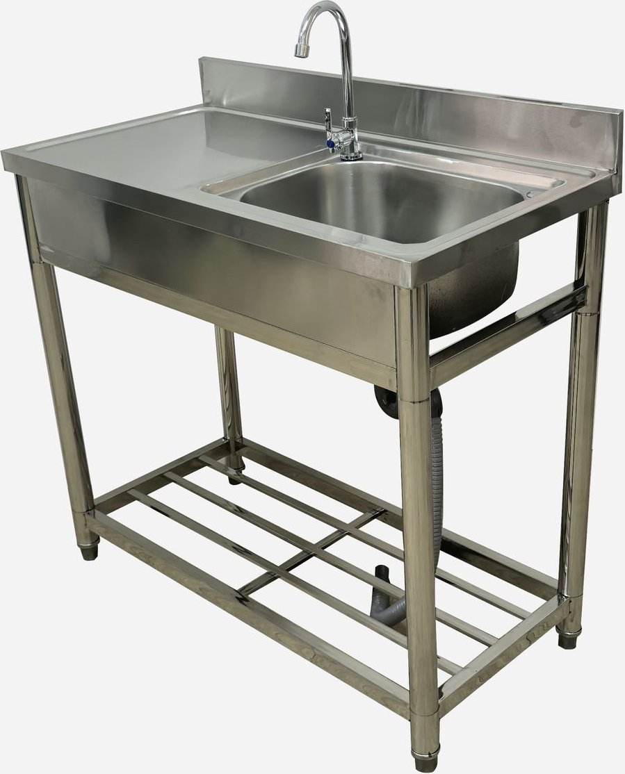 Küchenspüle aus Edelstahl mit Abtropffläche und Ablageböden, ca. 100 x 50 x 80 + 9,5 cm