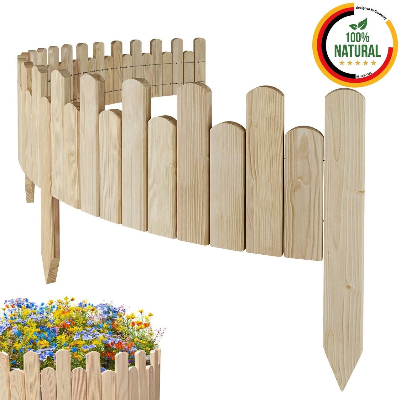 Beeteinfassung Rasenkante 200cm Flexibler Gartenzaun Rollzaun Palisade Höhe 20 cm, Unbehandelt