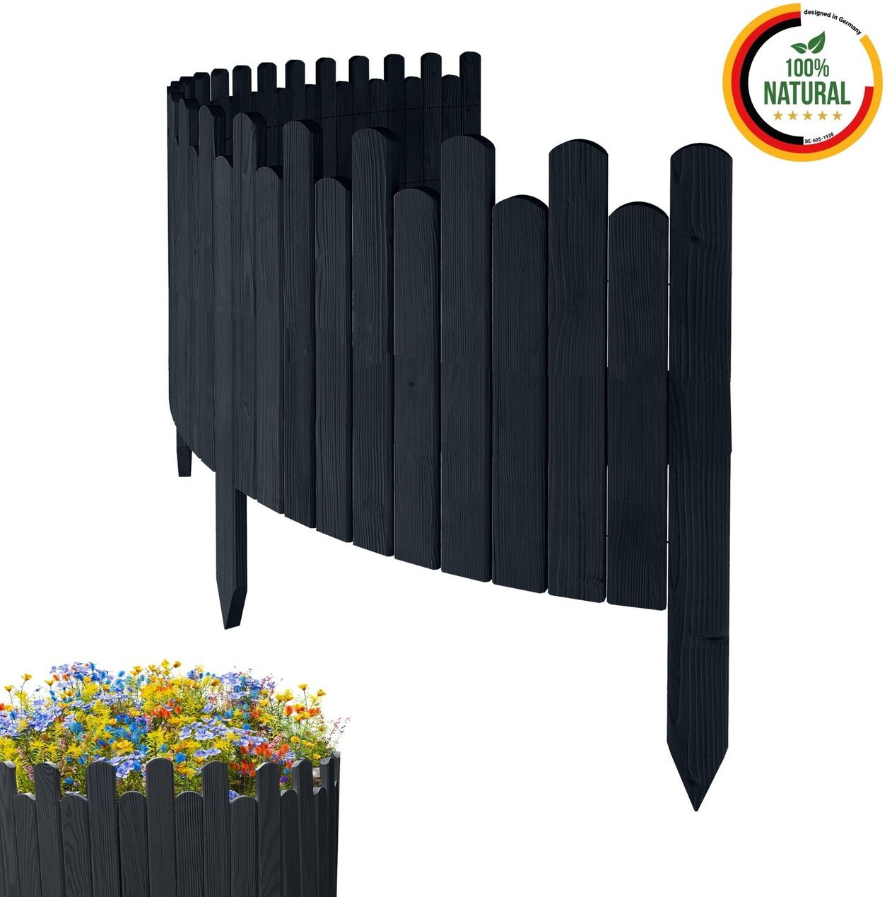 Beeteinfassung Rasenkante 200cm Flexibler Gartenzaun Rollzaun Palisade Höhe 40 cm, Anthracite