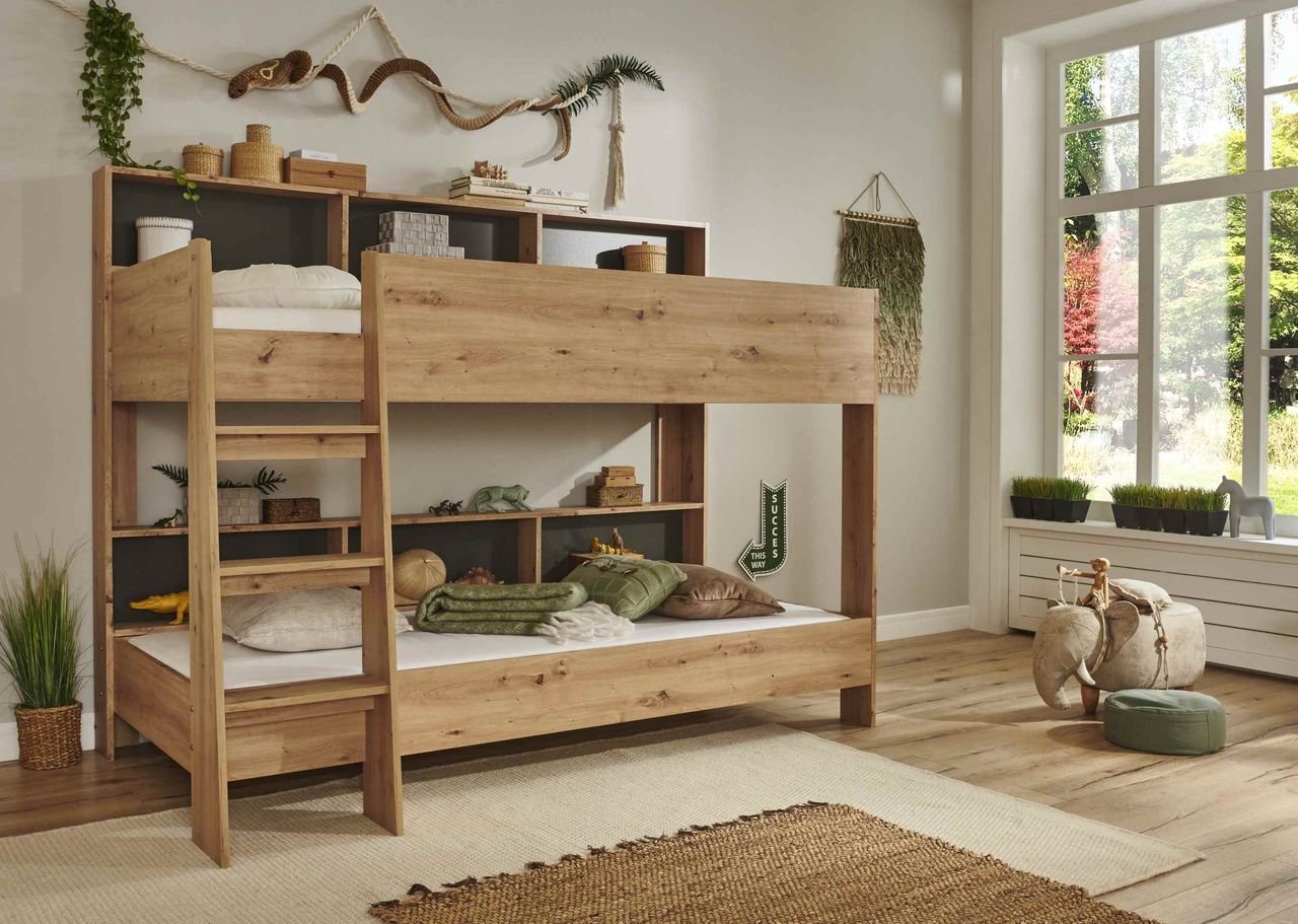Etagenbett SWAY 90x200 cm, inkl. Bodenplatte & Regalen, Spanplatte Eiche Artisan Dekor