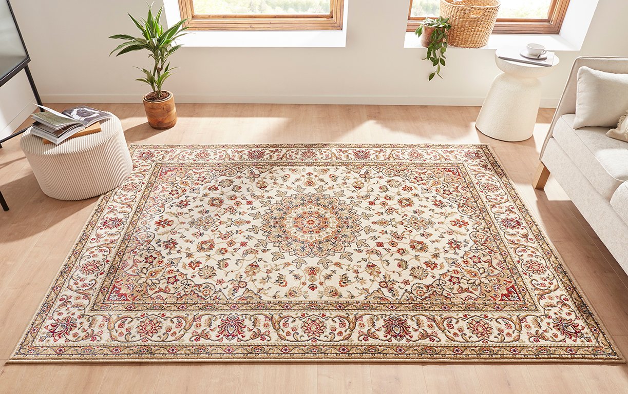 Klassischer Kurzflor Teppich Amina Medaillon 27008 Farbe Beige 160 x 230 cm