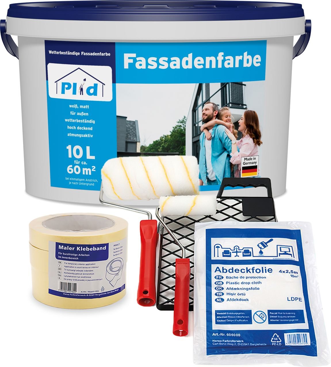 Fassadenfarbe 10L Weiß matt, für ca. 60m² / Aussenfarbe + Anstreichset 3 teilig