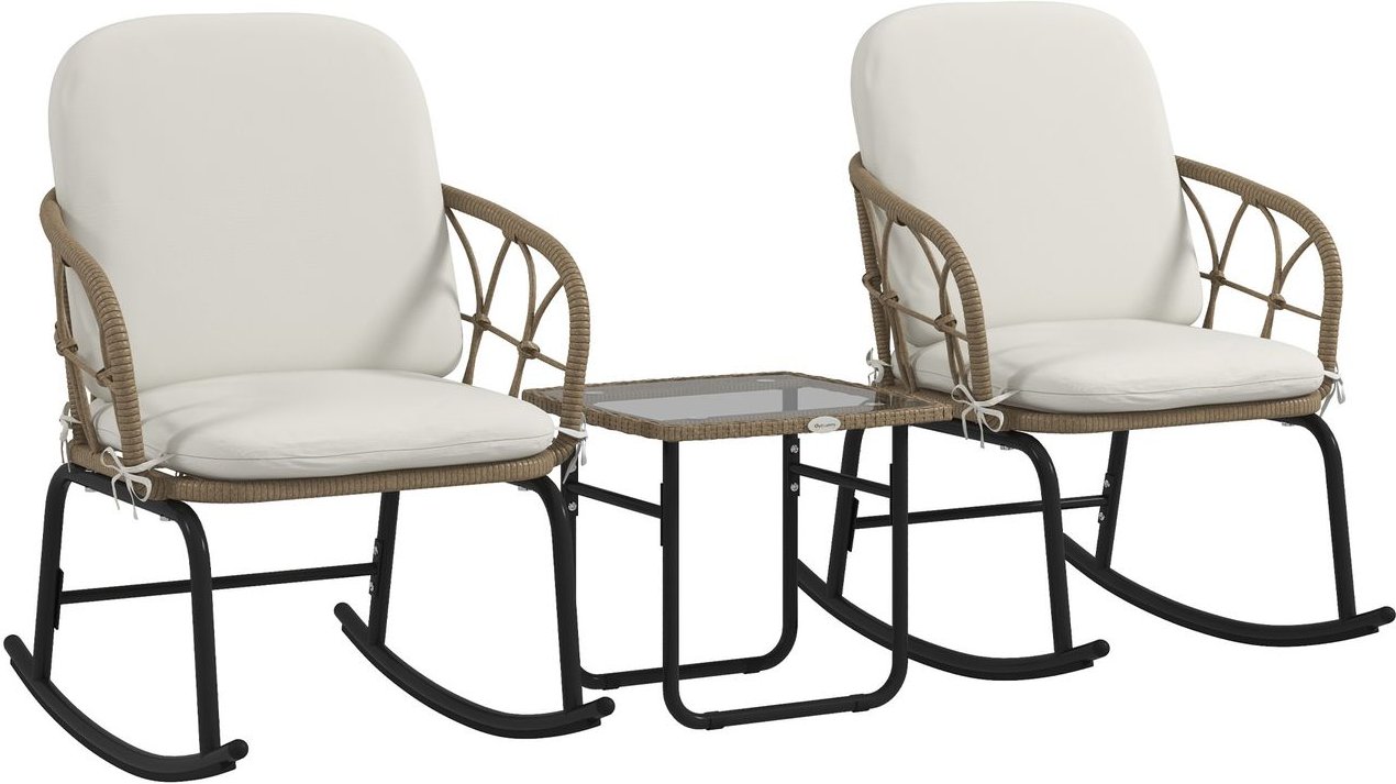 Rattan Schaukelstuhl-Set, Gartenmöbel-Set mit 2 Stühlen, 1 Couchtisch