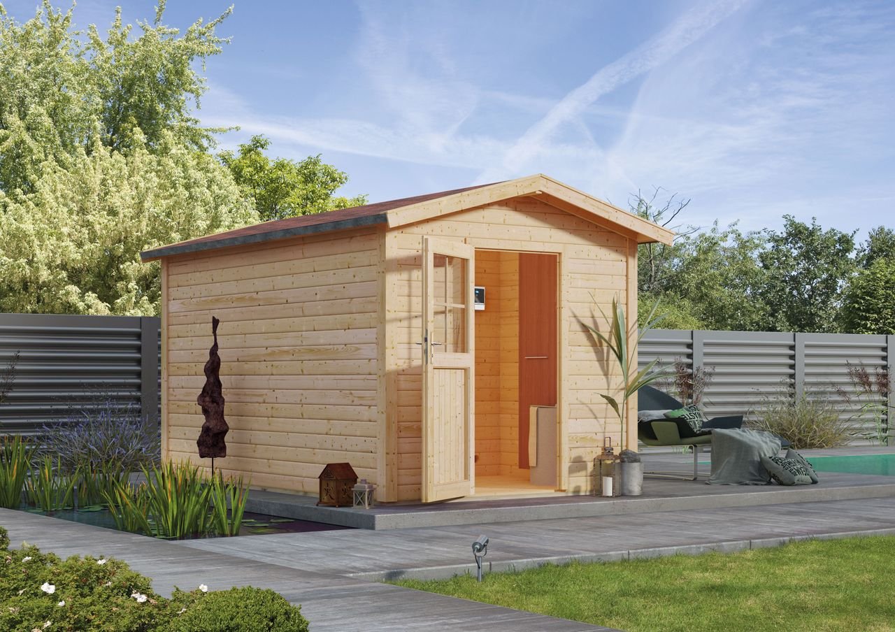 Saunahaus "Rotenburg" mit Vorraum SET naturbelassen mit Ofen 9 kW ext. Strg.