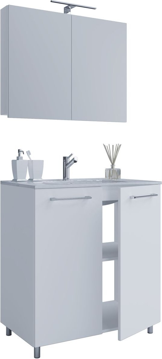 3-tlg. Stand-Waschplatz "Badinos 2 Türen" 80cm | Mit Spiegelschrank Weiß