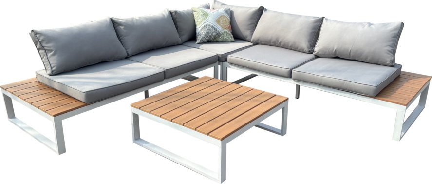 14tlg. Loungeset aus Aluminium inkl. Auflagen HGS64-HGR hellgrau mit Holzoptik