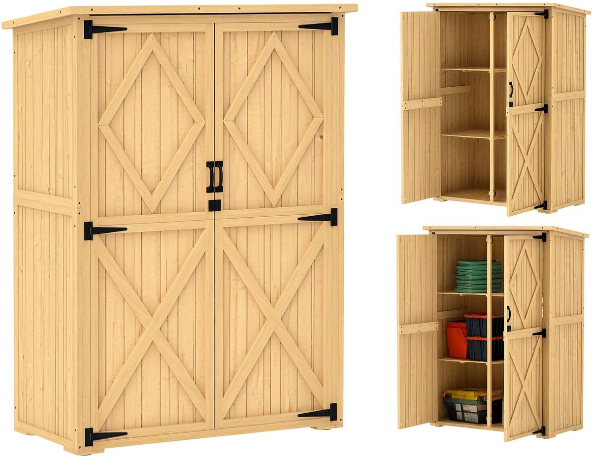 Gartenschrank Holz, Geräteschuppen mit Abschließbar Doppeltür Naturholz