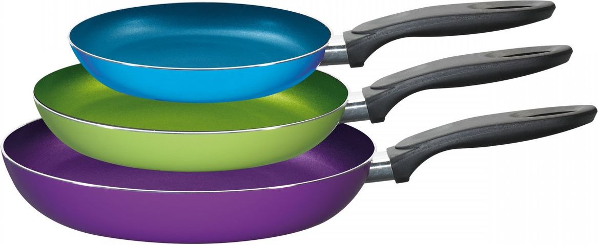 Alu Bratpfannenset 3-teilig, hellblau / grün / lila