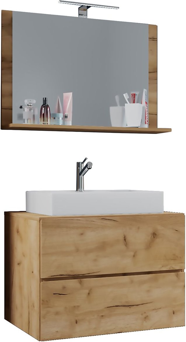 Badblock Lendas M 80cm Unterschrank + Spiegel Honig-Eiche