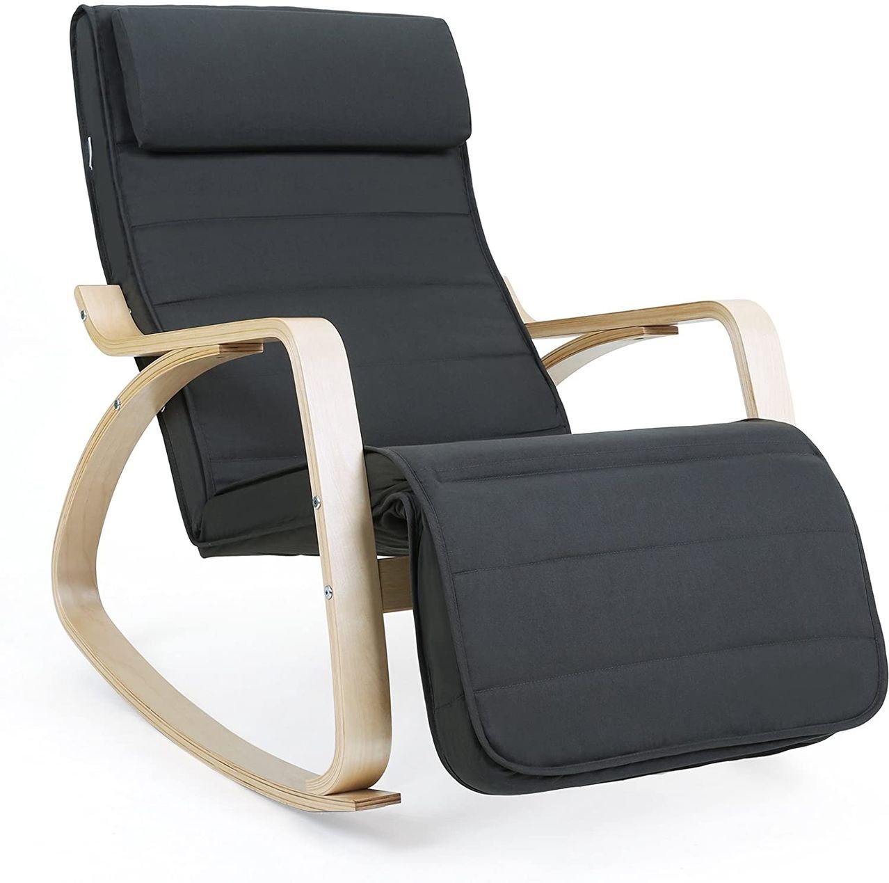 Thumbnail - Schaukelstuhl mit Armlehnen aus Birkenholz, 5-fach verstellbare Fußstütze - Anthrazit