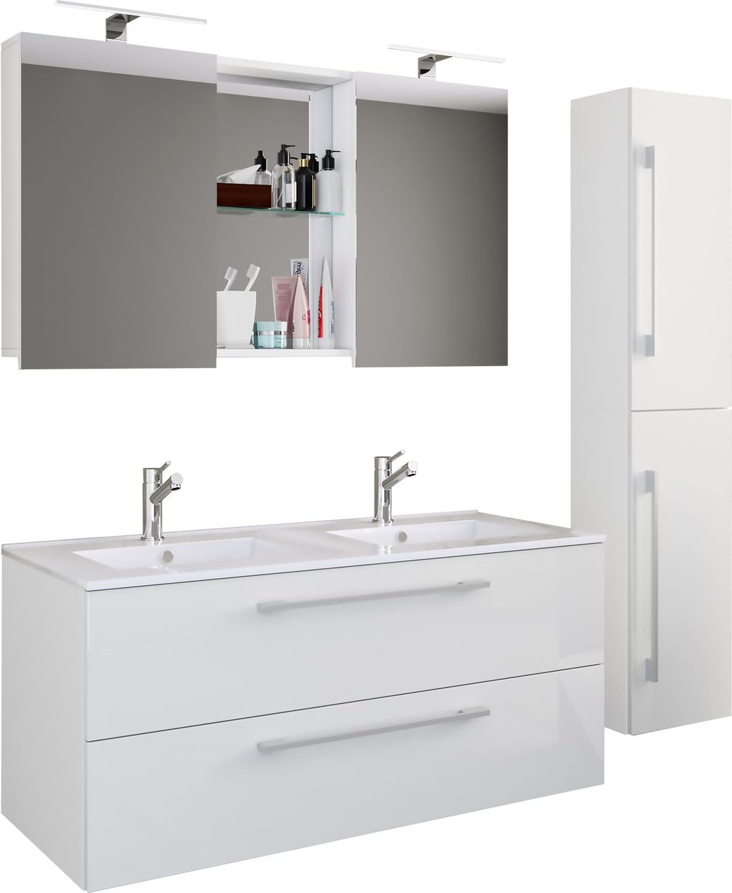 Thumbnail - 4-tlg. Waschplatz Budasi Spiegelschrank mit Hochschrank Weiß