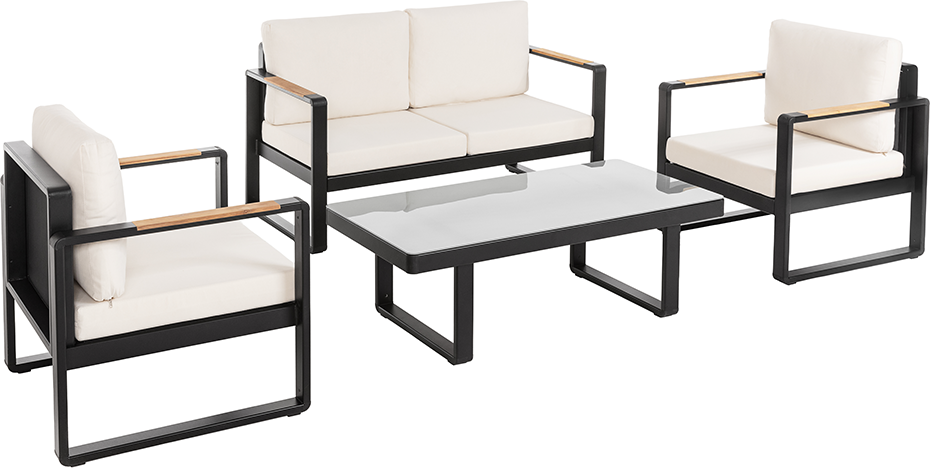 12tlg. Gartenmöbel Lounge-Set mit Sofa & Coffee Table aus Aluminium - Schwarz mit Teakholz