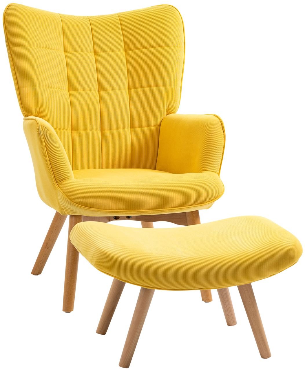 Ohrensessel mit Hocker, Relaxsessel, Polstersessel in Cord-Optik, Gelb