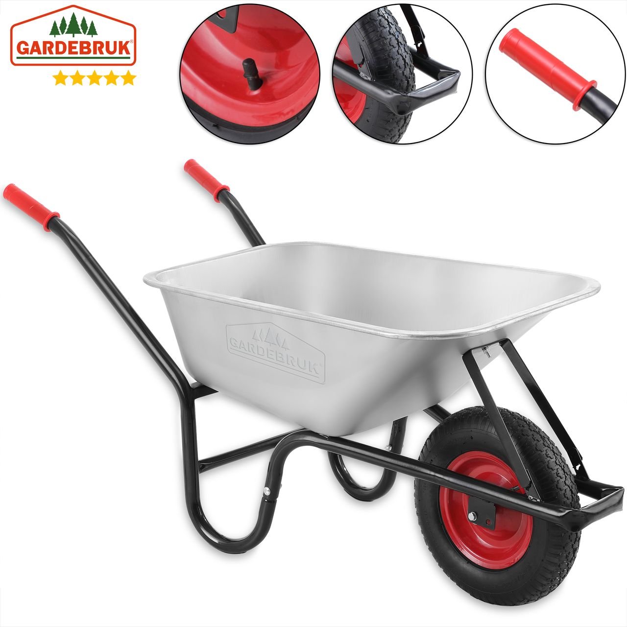 Gardebruk Schubkarre 100l / 250kg 141 x 62 x 59cm silber/schwarz/rot