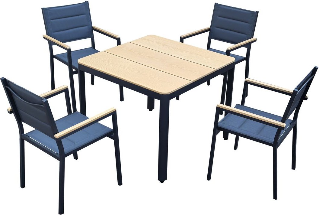 5-tlg. Alu-Sitzgruppe mit Tisch & 4 Stapelstühlen – Schwarz/Braun