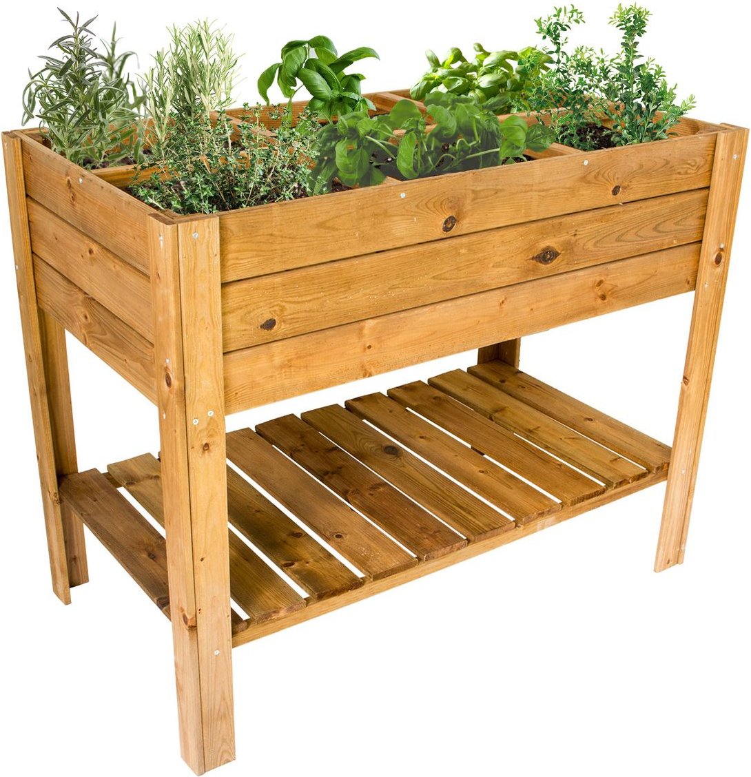 Hochbeet aus Holz mit Ablage, Pflanzkasten 110 x 60 cm, Kräuterbeet mit 6 Pflanzzonen