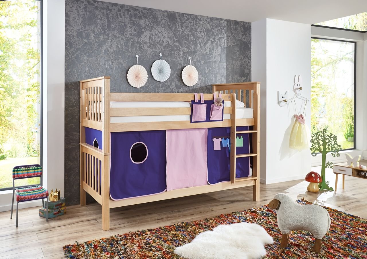 Etagenbett Kick Buche massiv natur lackiert mit Texset aus Vorhang und Tasche - Rosa/Violett