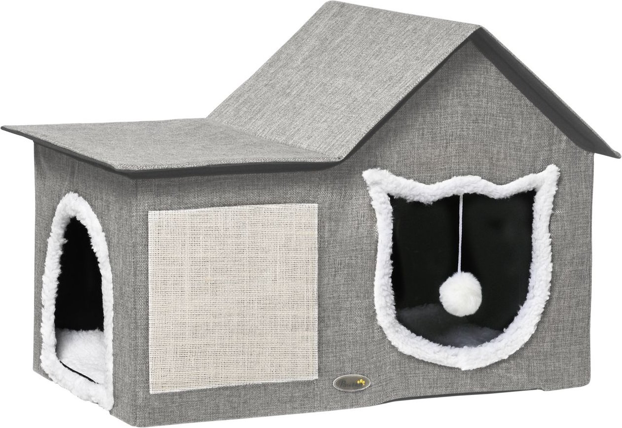 Katzenhöhle, Katzenhaus mit Kratzfläche, Doppeltüren, Spielball Polyester